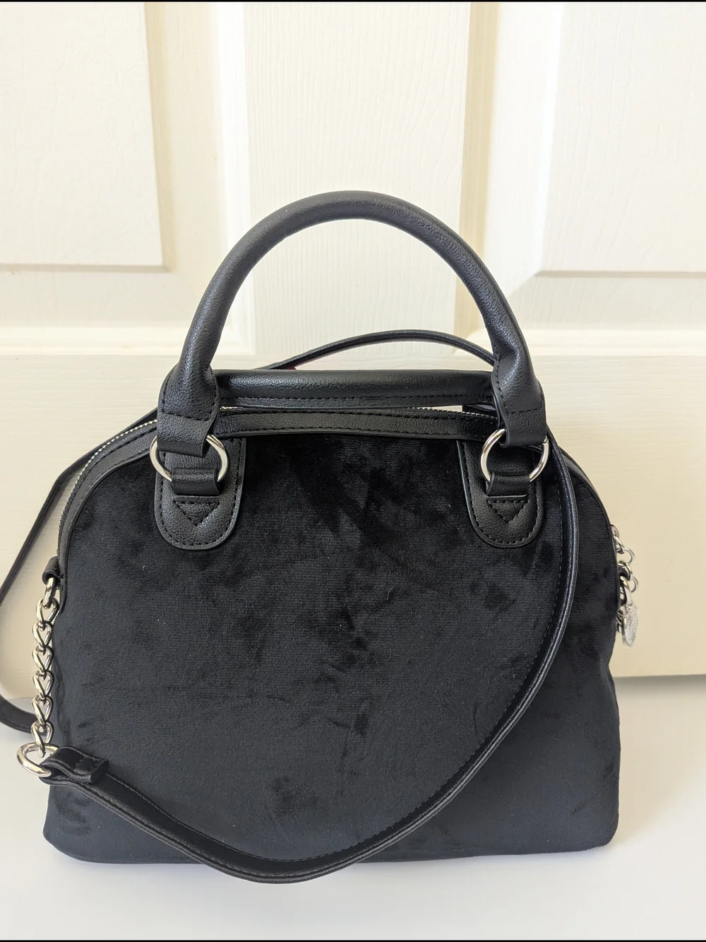 Juicy Couture Black Velvet Dome Satchel with Pink Bow Crown Charm Girlie Royalty